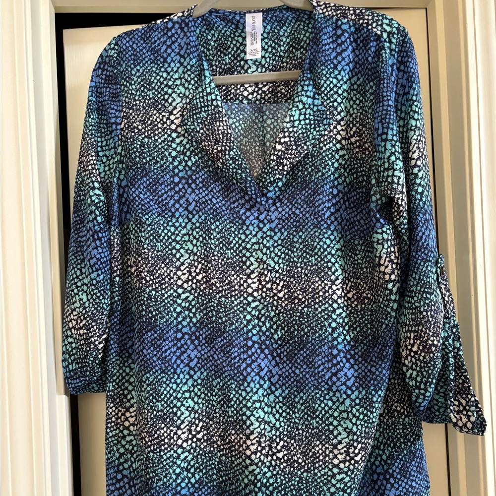 Pure Energy womens  Multi Color Tunic top  Blouse Roll tab sleeve XL